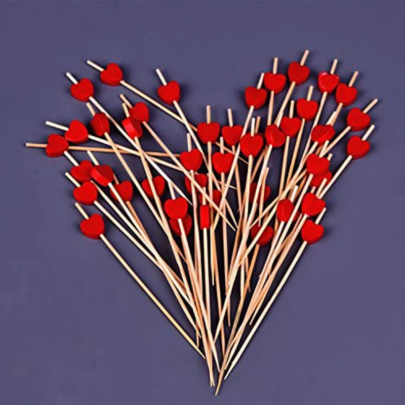 Color: Pink - 100 Pack Of 12cm Love Fruit Skewers Disposable Platters Sushi Burgers Cocktails Snacks Bamboo Skewers