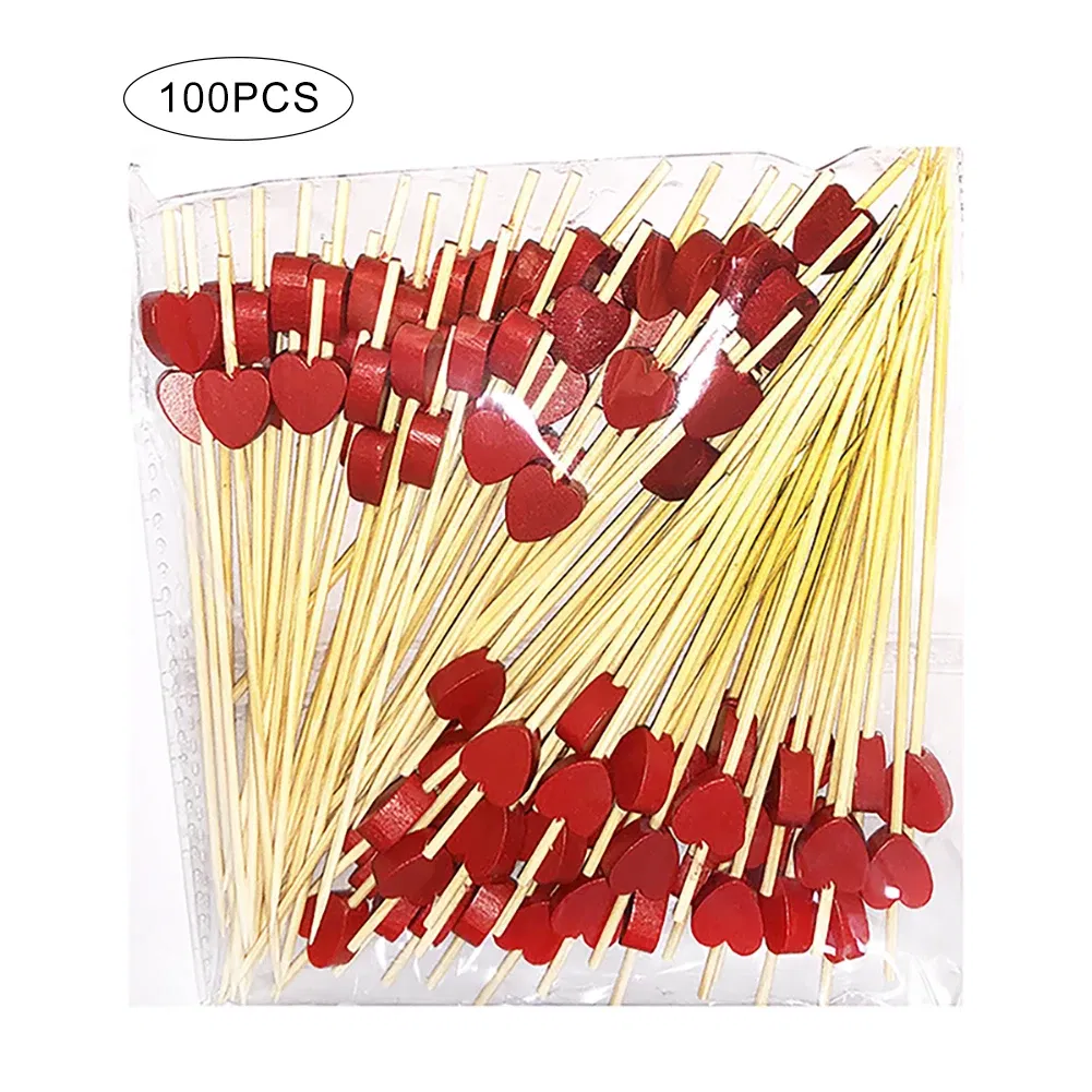 Color: Pink - 100 Pack Of 12cm Love Fruit Skewers Disposable Platters Sushi Burgers Cocktails Snacks Bamboo Skewers