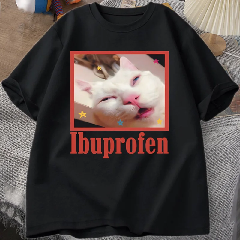 Color: GRAY, Size: S - Ibuprofen Cat Meme Tshirt Funny Cat Graphic Tee Cute Cat Lover Cotton T-Shirt Casual Funny T Shirts Unisex Oversized Tshirt Tee