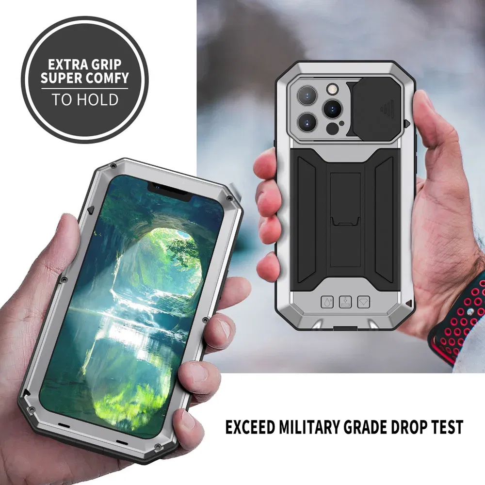 Color: Black, Material: Microfiber - Heavy Duty Metal Aluminum Case For iPhone 14 13 15 Pro Max Military Grade Shockproof Bumpers Armor Kickstand Camera Slider Cases