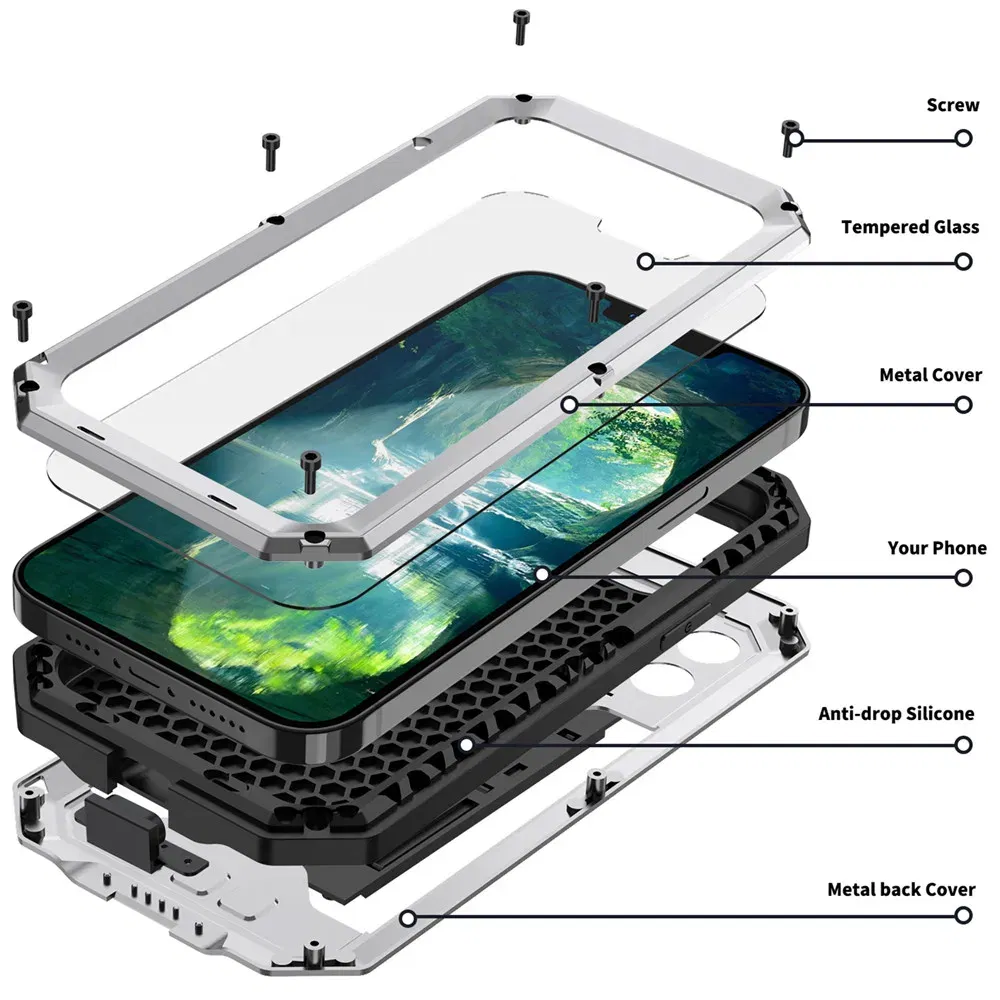 Color: Black, Material: Microfiber - Heavy Duty Metal Aluminum Case For iPhone 14 13 15 Pro Max Military Grade Shockproof Bumpers Armor Kickstand Camera Slider Cases