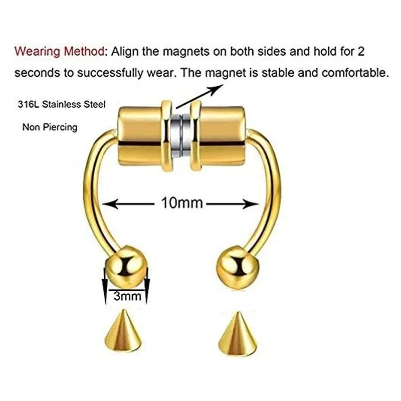 Metal color: Black Zinc Plated - Women Fake Piercing Nose Ring Hoop Septum Non Piercing Nose Clip Rock HipHoop Stainless Steel Magnet Fashion Punk Body Jewelry