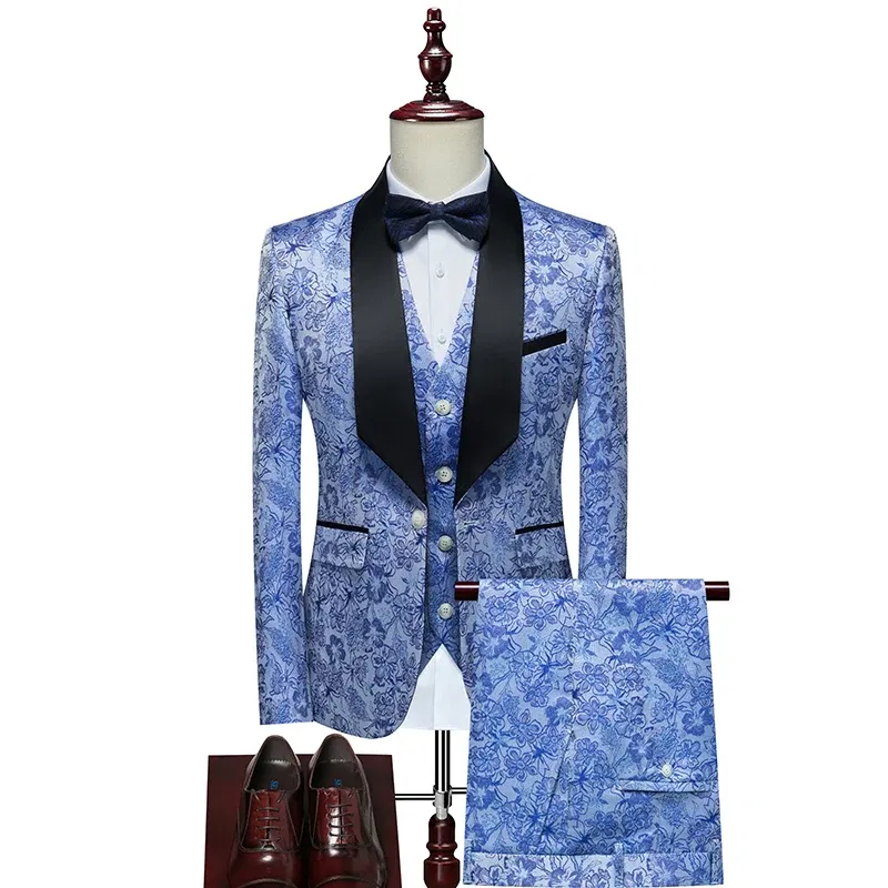 Color: Blue, Size: XXL - Men's Evening Dress Bridegroom Suit British Wedding Business Casual Fashion Three-piece Set with Vest And Trousers Sizes M-6XL