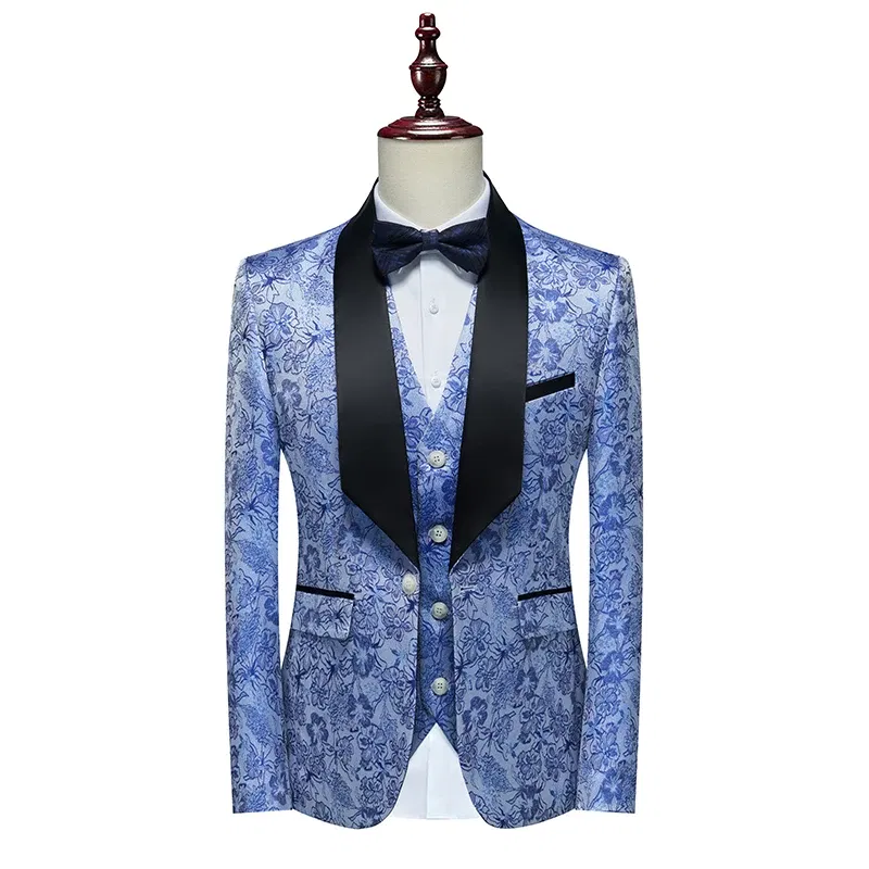 Color: Blue, Size: XXL - Men's Evening Dress Bridegroom Suit British Wedding Business Casual Fashion Three-piece Set with Vest And Trousers Sizes M-6XL