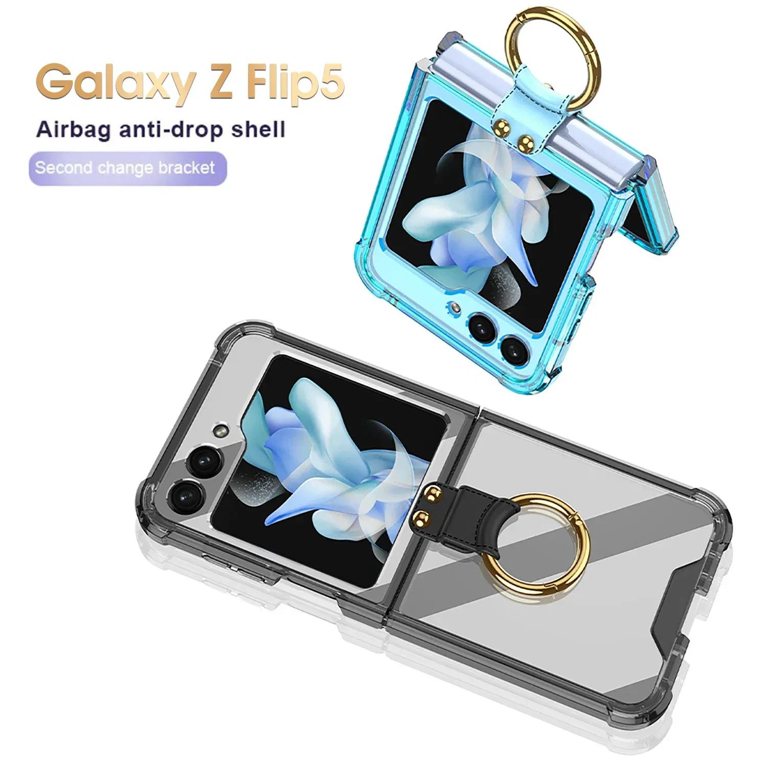 Material: Aluminum, Color: Black - Transparent Electroplated Airbag Ring Phone Case for Samsung Galaxy Z Flip 5 4 3 5G Flip5 Flip4 Flip3 5G Stand Shockproof Cover