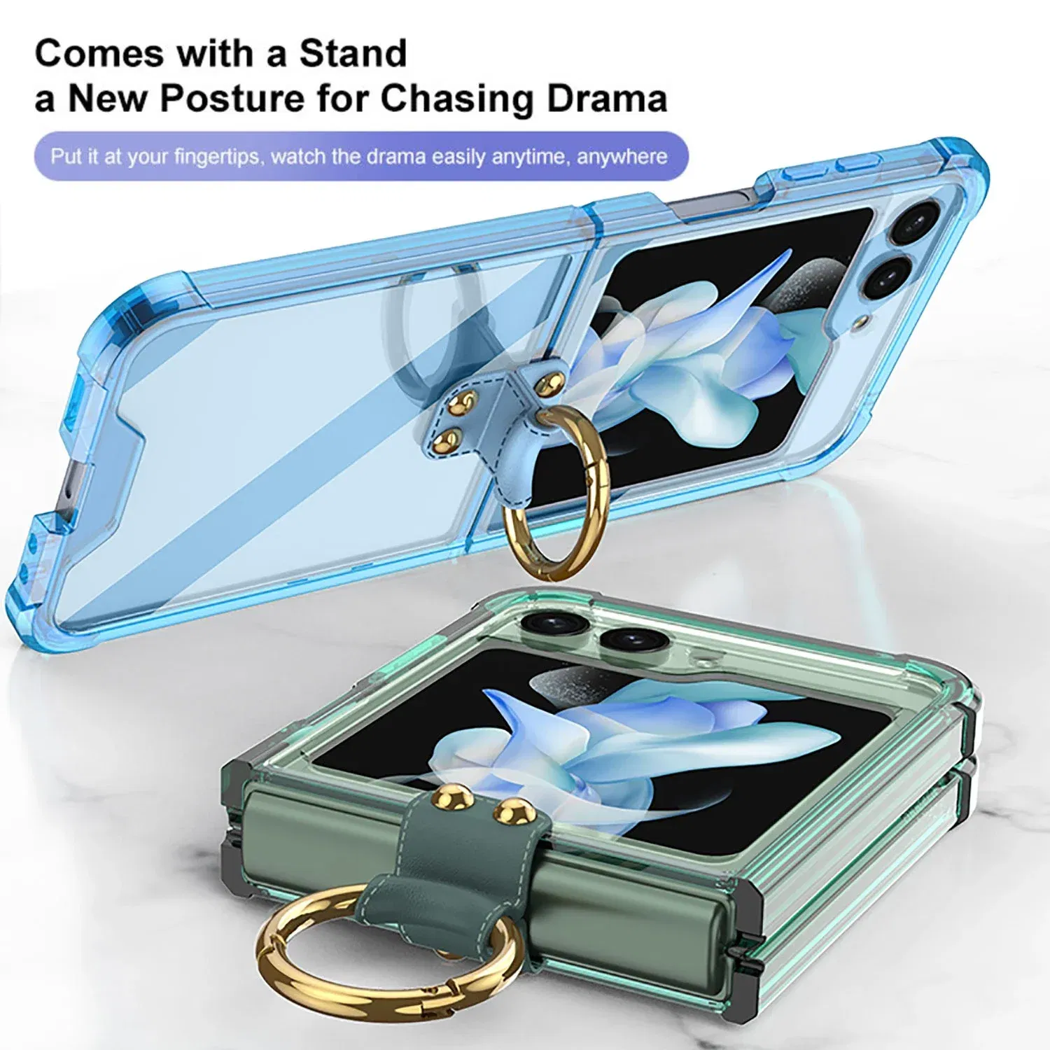 Material: Aluminum, Color: Black - Transparent Electroplated Airbag Ring Phone Case for Samsung Galaxy Z Flip 5 4 3 5G Flip5 Flip4 Flip3 5G Stand Shockproof Cover