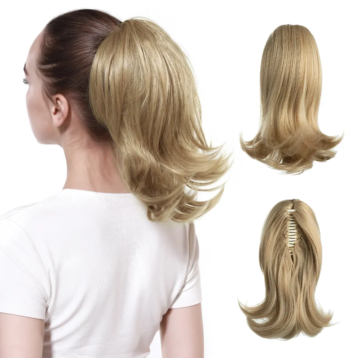 Color: #613, Stretched Length: 12inches - Synthetic Claw Clip In Ponytail Hair Extensions Hairpiece Horse Tail Fake Hair Wavy Blonde False Pigtail With Elastic Band