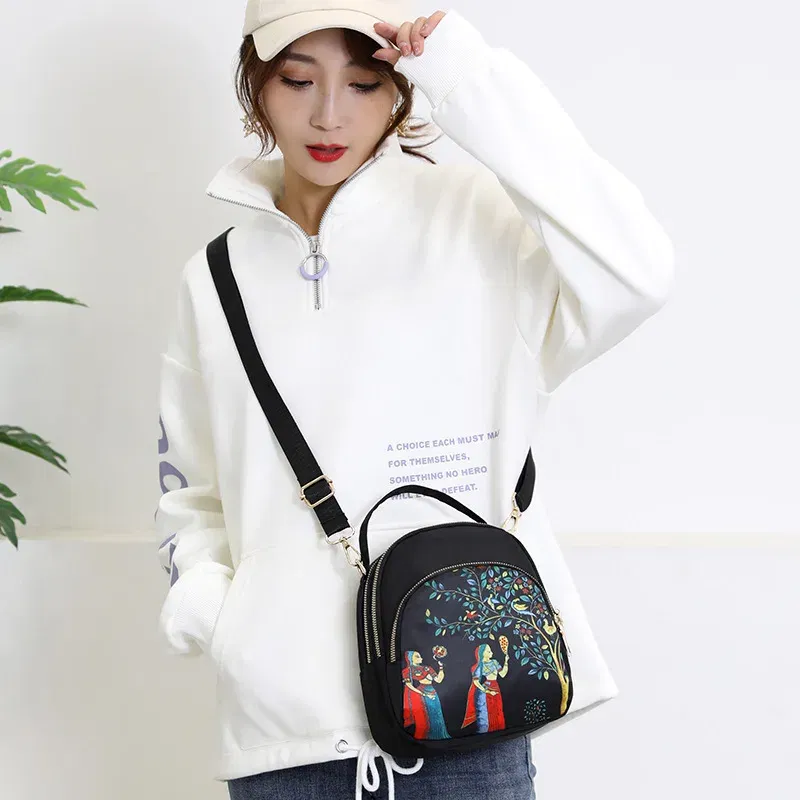 Color: plum, Size: 16 inches - Fashion Printing Backpack Women Large Capacity Nylon Rucksack Multilayer Crossbody Bag School Bags Waterproof Travel Knapsack