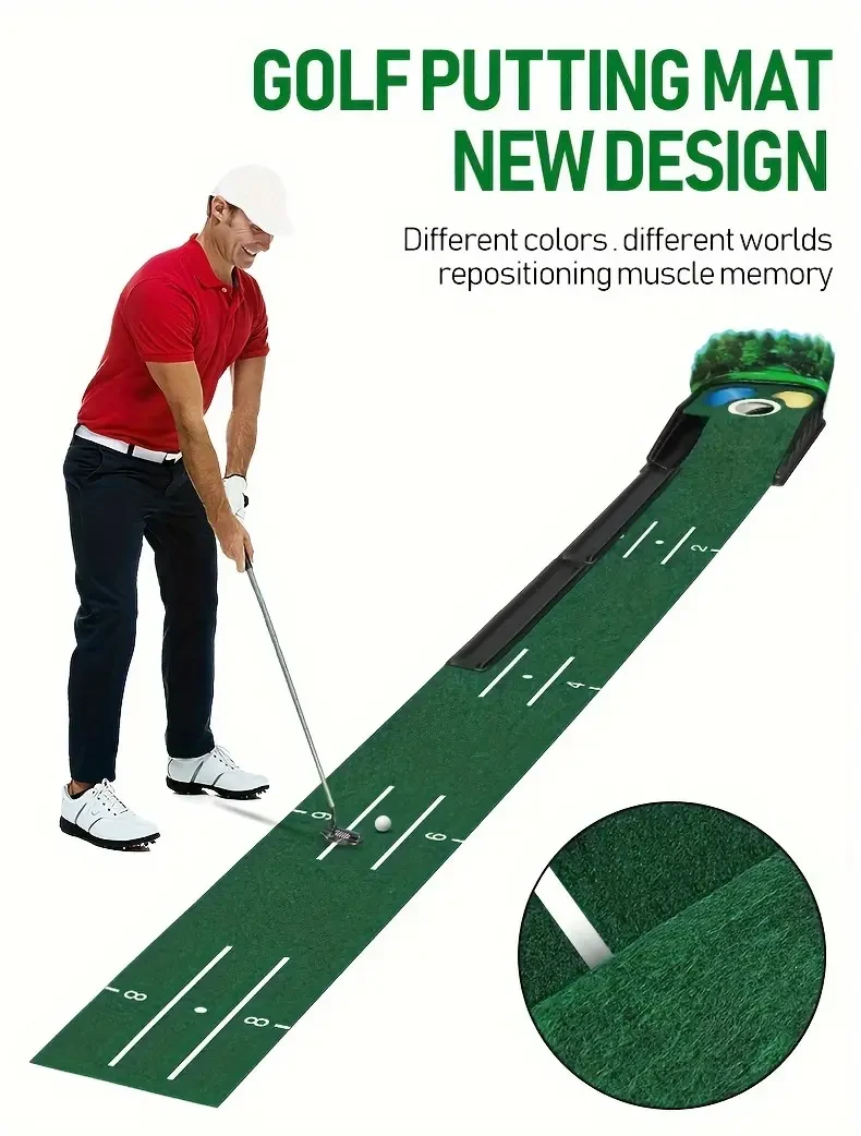 8ft 3D Lenticular Golf Putting Mat with Alignment Guides and Ball Return