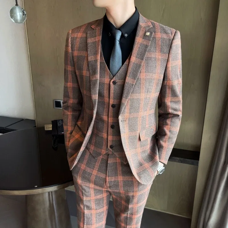 Color: black, Size: M - High-quality British men's fashionable and stylish checkered casual suit set for autumn, a casual and fitted suit set of three