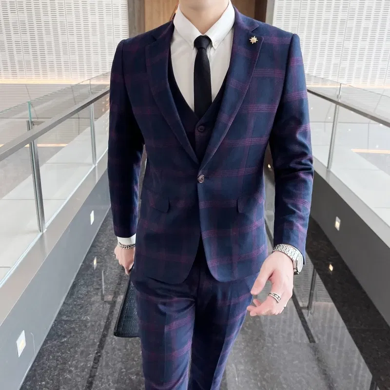 Color: black, Size: M - High-quality British men's fashionable and stylish checkered casual suit set for autumn, a casual and fitted suit set of three