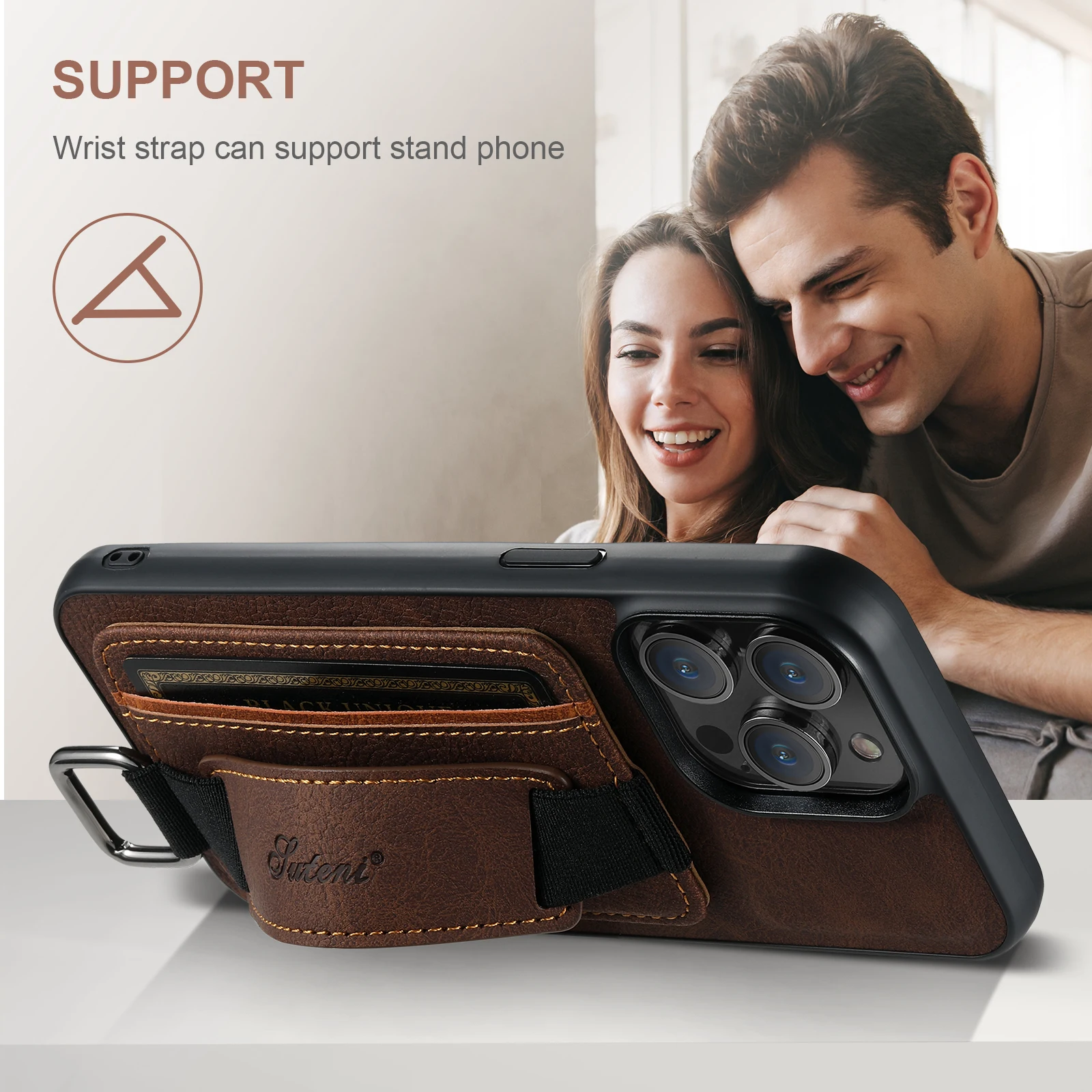 Color: Blue, Material: Denim - SUTENI Lychee skin print wrist strap card phone case Card holder for iPhone 16 ProMax 15 Plus 14 13 12 11 XR XS Black/blue/brown
