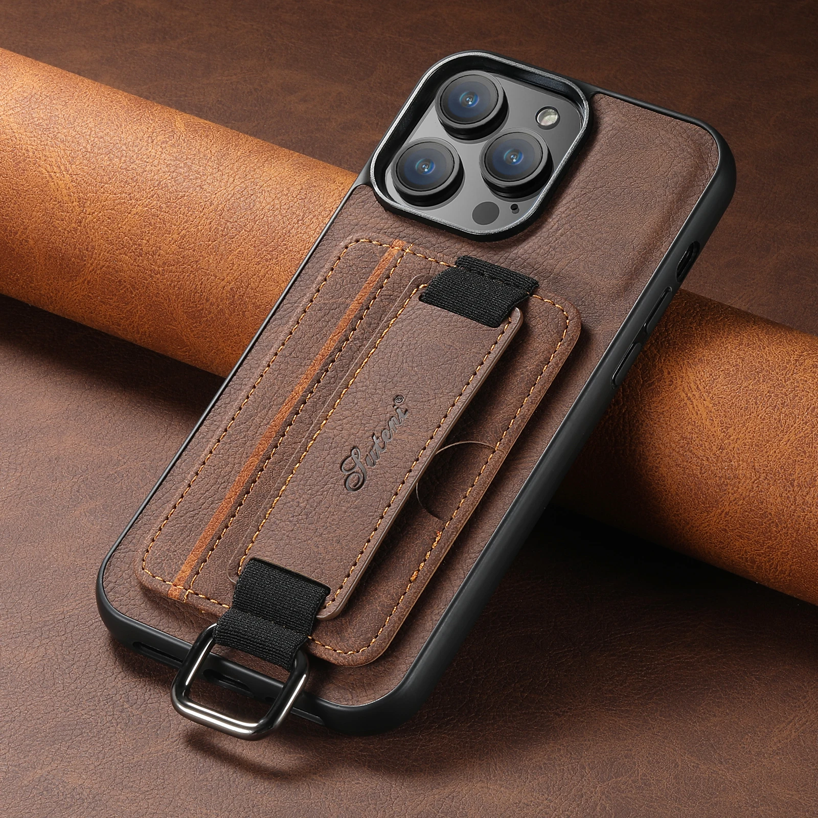 Color: Blue, Material: Denim - SUTENI Lychee skin print wrist strap card phone case Card holder for iPhone 16 ProMax 15 Plus 14 13 12 11 XR XS Black/blue/brown