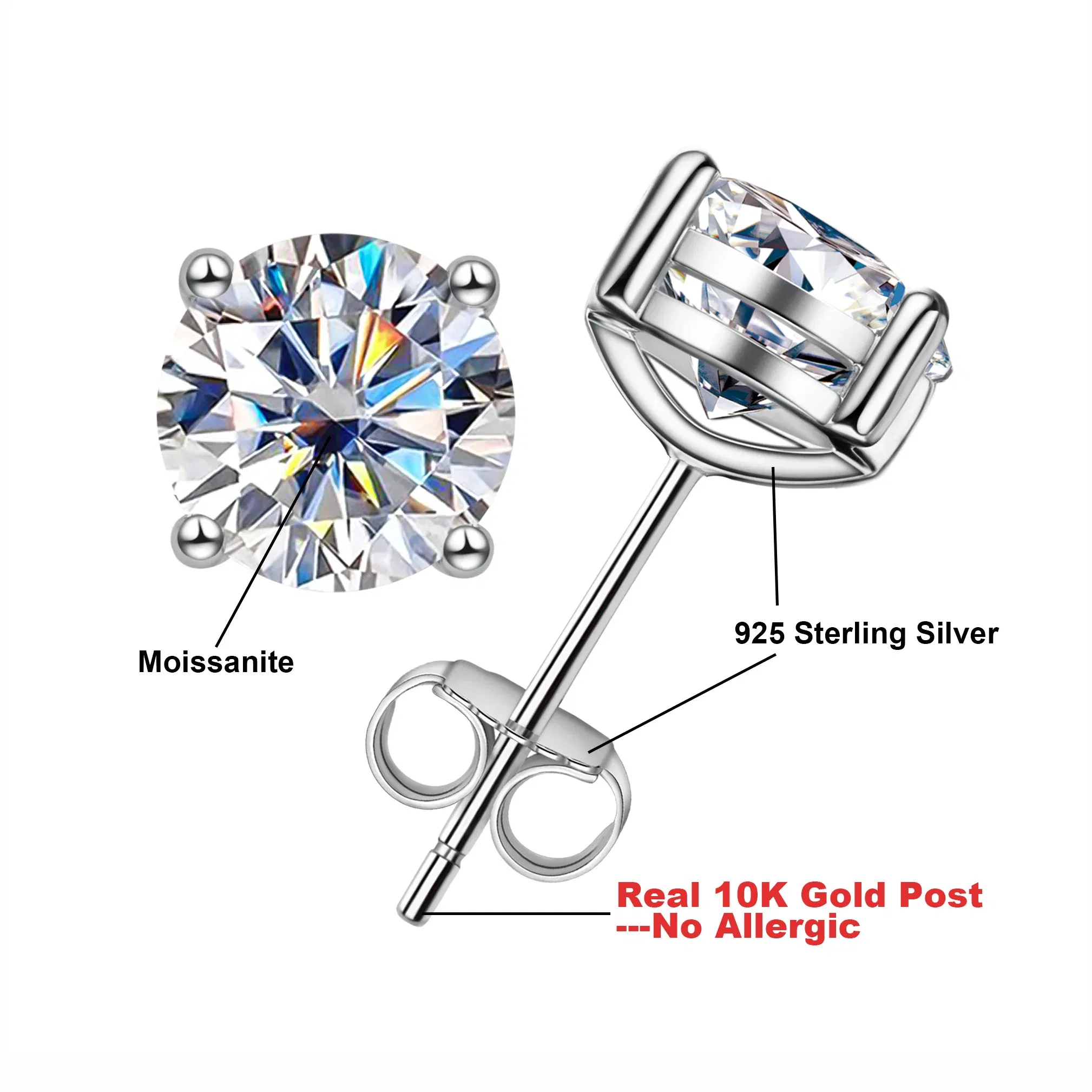 Gem Color: WHITE, Ships From: CHINA - AnuJewel 10k Gold 4/3/2/1.6/1/0.6ct Moissanite Stud Earrings For Women Real 10K Gold Post Anti-allergy Men Earrings Jewelry