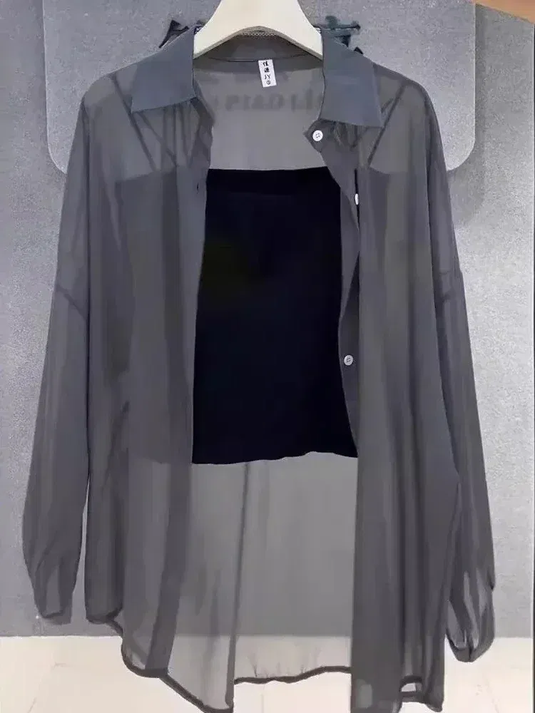 Size: 3XL, Color: Orange - Plus Size Women?™s Shirts 2025 Summer Breathable and Sun-Proof Ice Silk with Button Thin Loose Sheer Chiffon Blouses Long Sleeve