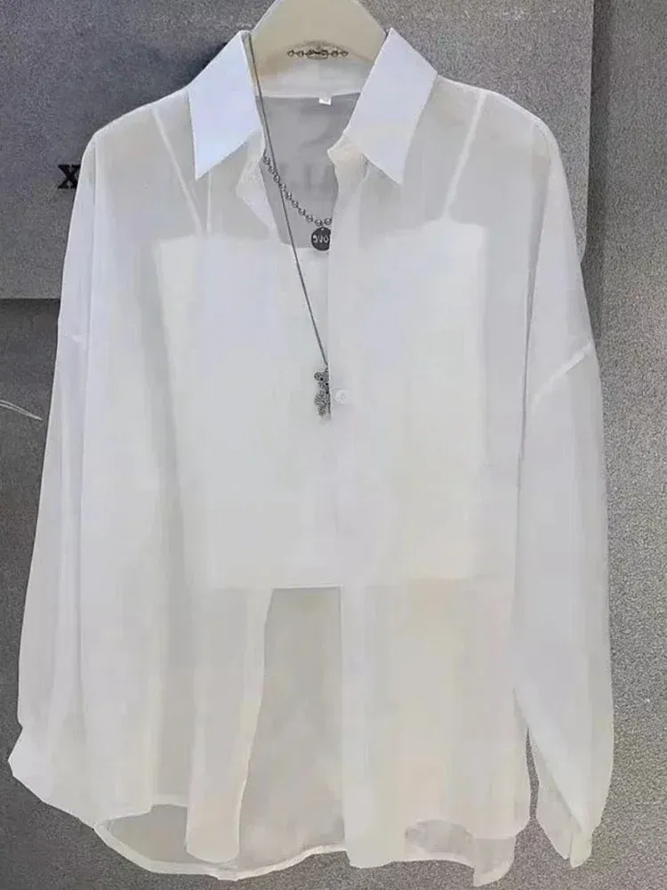 Size: 3XL, Color: Orange - Plus Size Women?™s Shirts 2025 Summer Breathable and Sun-Proof Ice Silk with Button Thin Loose Sheer Chiffon Blouses Long Sleeve