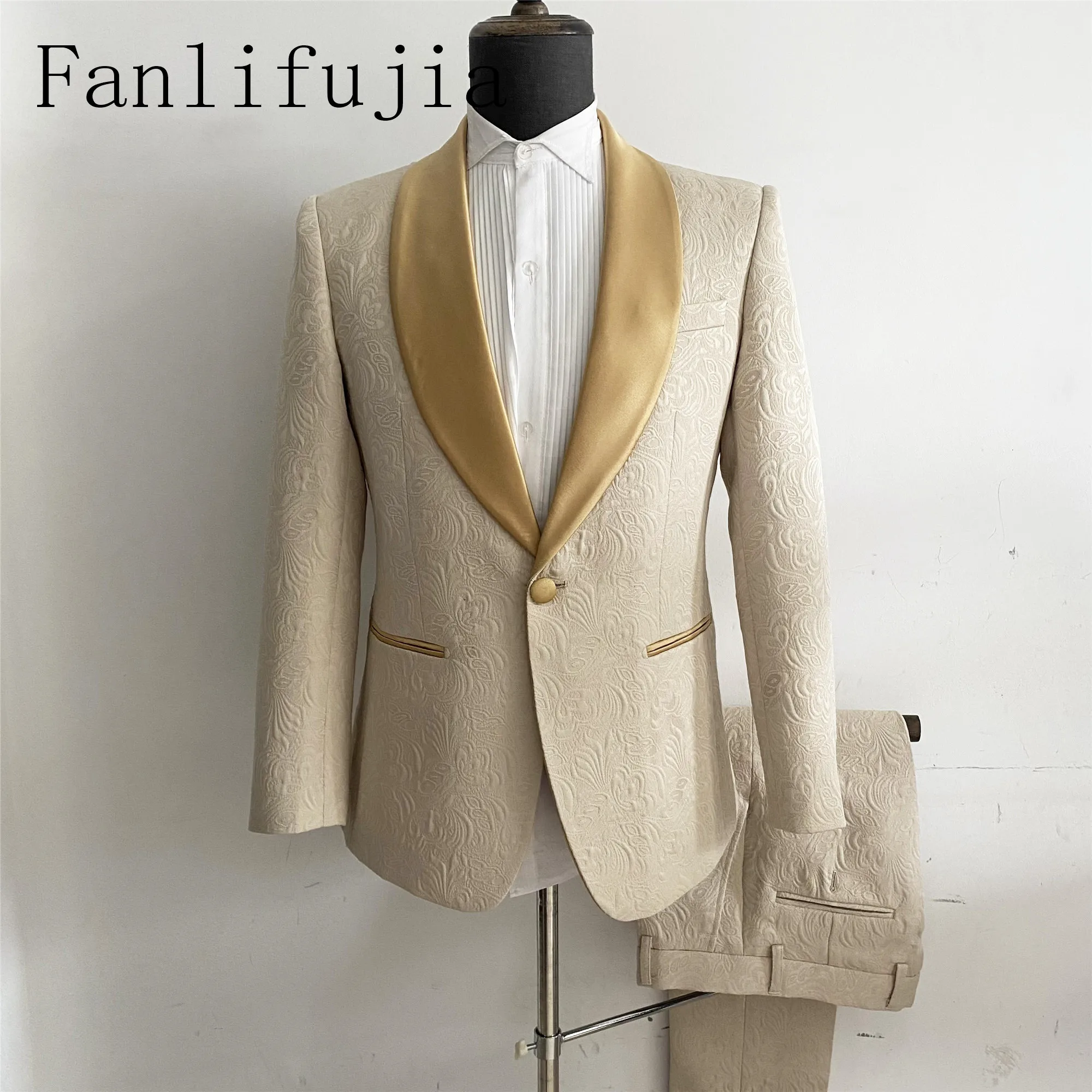 Color: Champagne, Size: 4XL - Fanlifujia Mens Wedding Suits 2024 Italian Design Custom Made Champagne Smoking Tuxedo Jacket 2 Piece Groom Terno Suits For Men