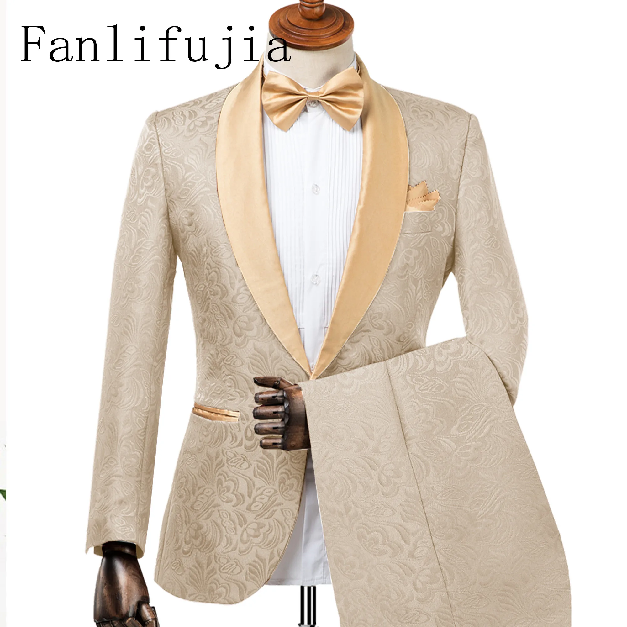 Color: Champagne, Size: 4XL - Fanlifujia Mens Wedding Suits 2024 Italian Design Custom Made Champagne Smoking Tuxedo Jacket 2 Piece Groom Terno Suits For Men