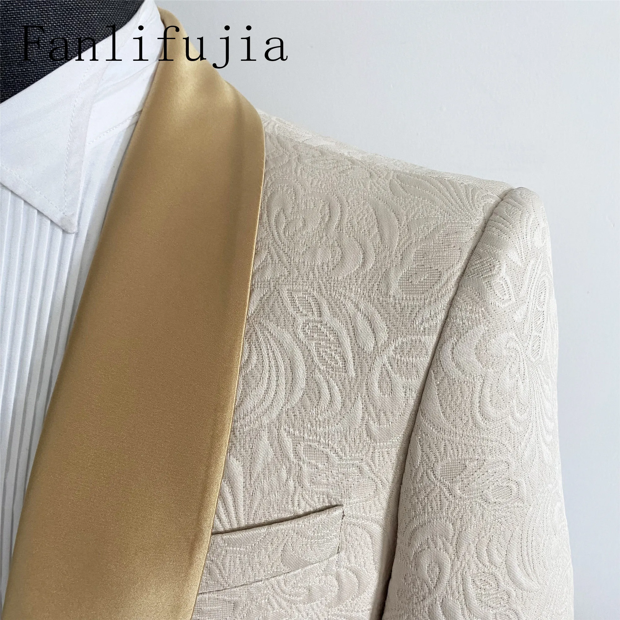 Color: Champagne, Size: 4XL - Fanlifujia Mens Wedding Suits 2024 Italian Design Custom Made Champagne Smoking Tuxedo Jacket 2 Piece Groom Terno Suits For Men