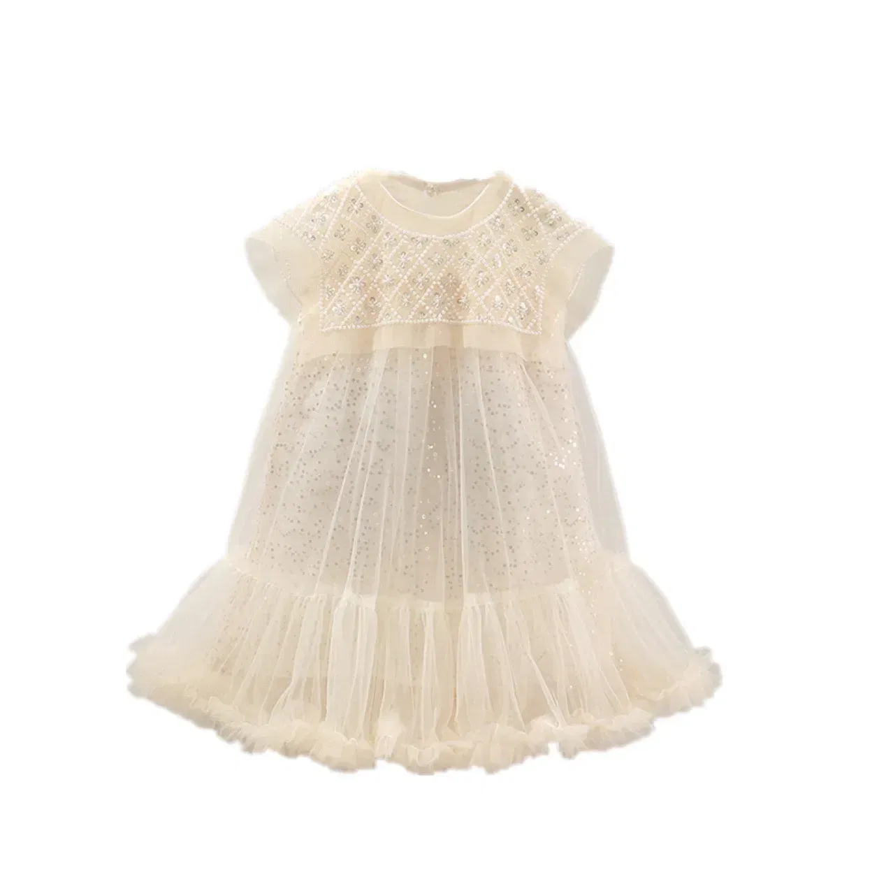 Color: Beige, Kid Size: 3T - Girls' Princess Dress 2023 Spring Summer Children's Wear Korean Pearl Neck Princess Dress Fashion Yarn Dress
