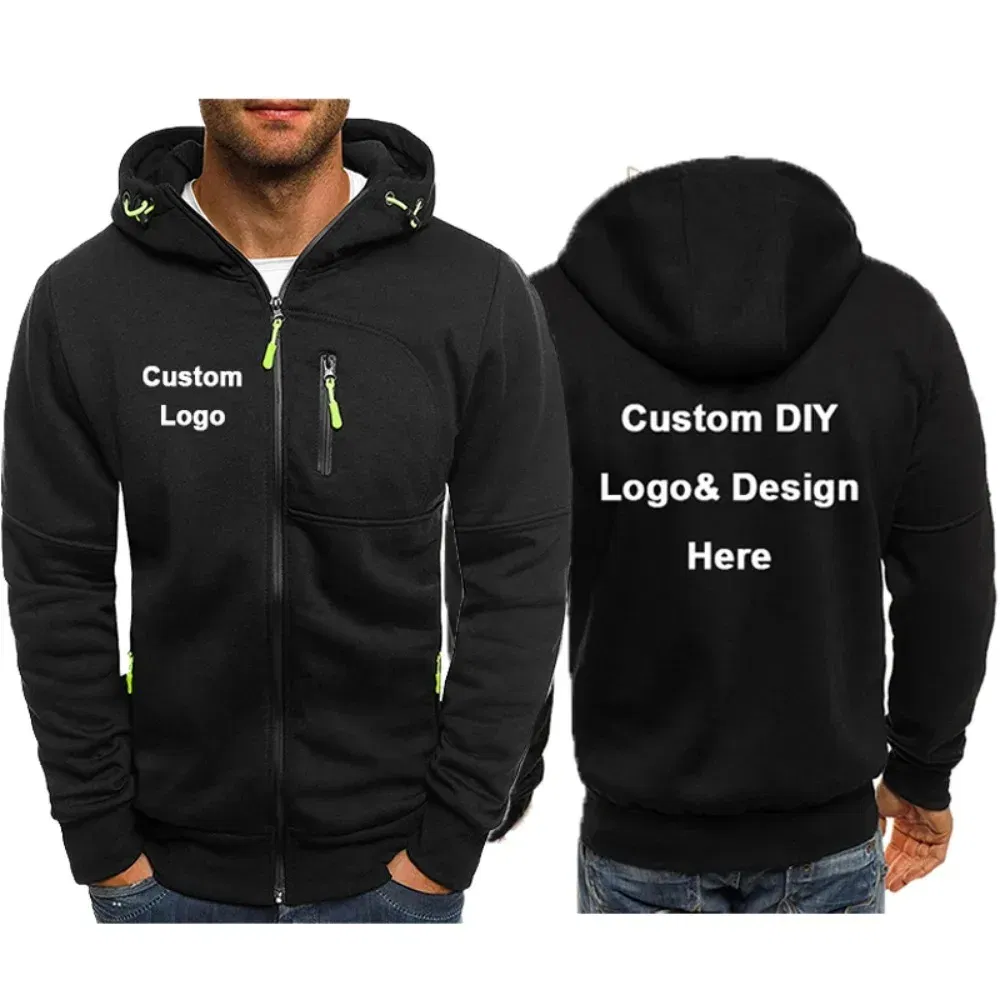 Color: green, Size: L - Men's Hooded Jacket with Pocket Zipper, Customized Image Text with Personalized Logo, Casual Sports Streetwear, Men's Wool Sweat