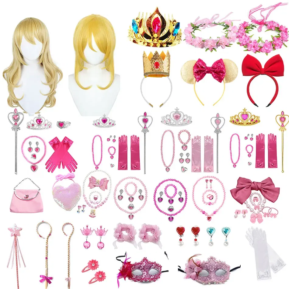 Color: light yellow - Baby Girls Accessories Princess Peach Accessory Children Pink Headband Crown Wig Necklace Party Aurora Cosplay Dress Up Outfits