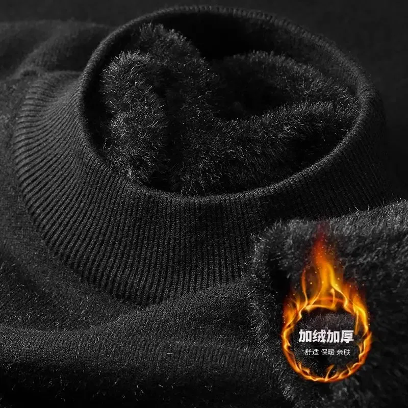 Color: black, Size: XXXL - Plush Men's Knitted Sweater Turtleneck with Velvet Padded Warm Solid Pullovers Autumn Winter Thick Bottom Casual O-Neck Sweater