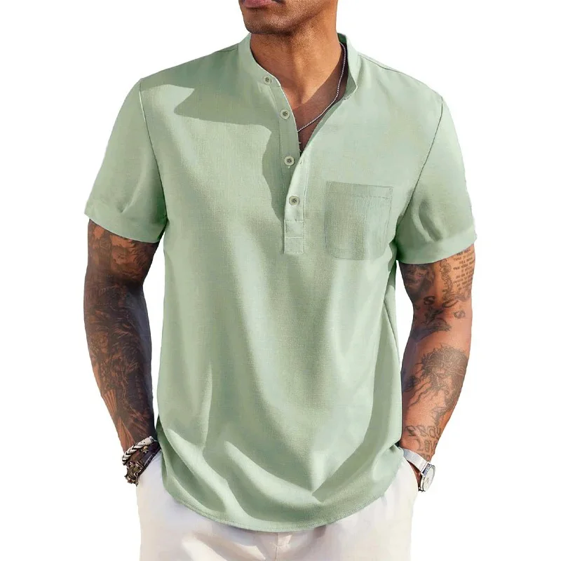 Color: black, Size: L - Summer Men's Cotton Linen T-Shirt Henley Neck Pocket Casual Lightweight Breathable Beach Shirt Solid Color Basic Style Tops