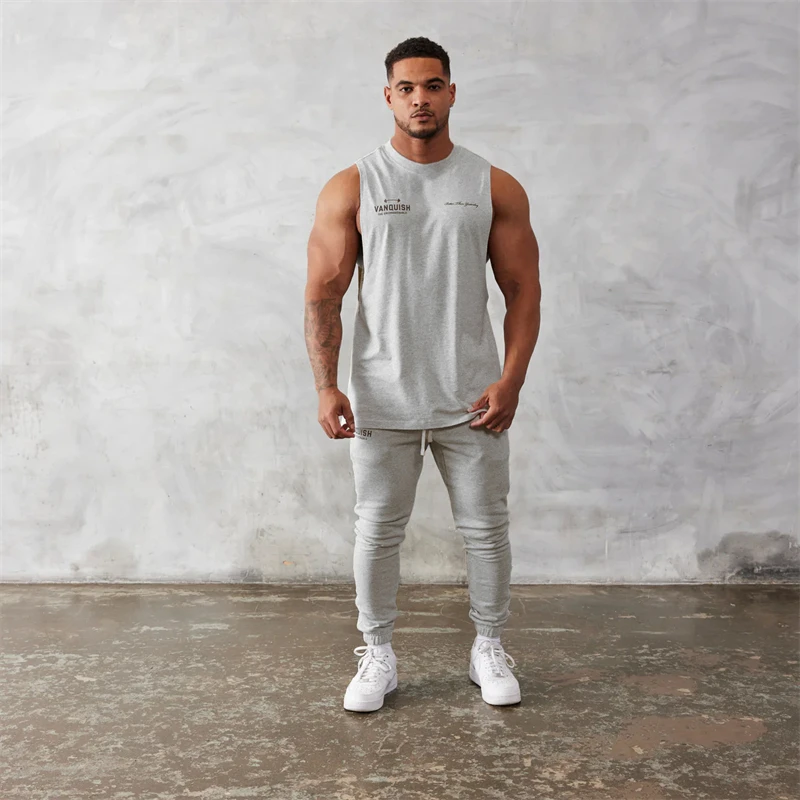 Color: black, Size: XXXL - Gym exercise fitness sports men's vest cotton wide shoulder round neck sleeveless shirt slim casual men's wear