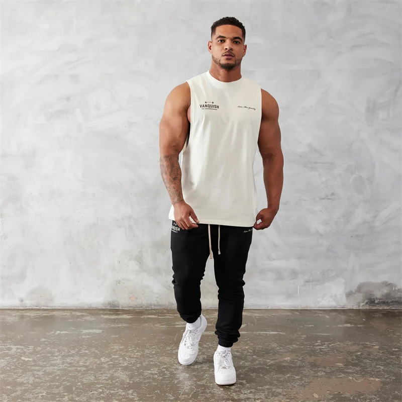 Color: black, Size: XXXL - Gym exercise fitness sports men's vest cotton wide shoulder round neck sleeveless shirt slim casual men's wear