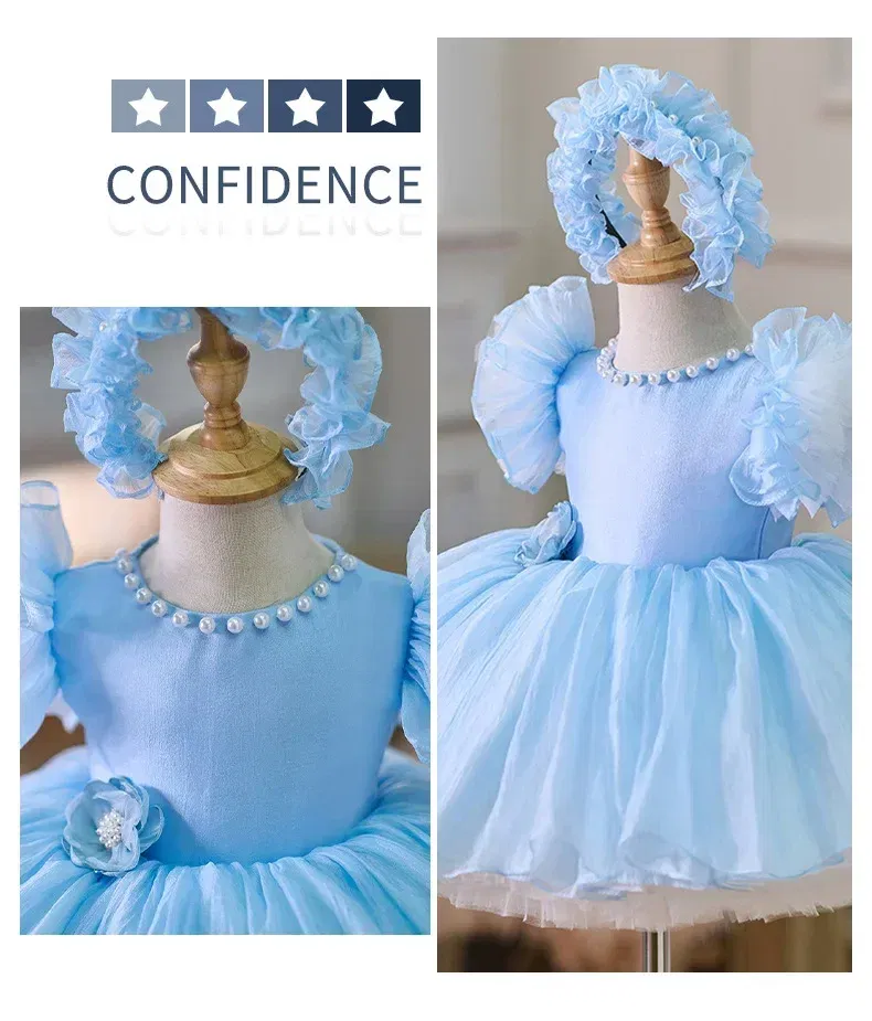 Kid Size: 4T, Color: Brown - 2025 Summer Baby Girls 1st Birthday Party Dress Toddler Kids Bow Fluffy Tutu Gown Flower Girls Blue Dresses For Wedding Ceremony