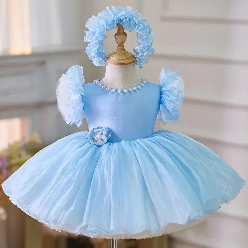 Kid Size: 4T, Color: Brown - 2025 Summer Baby Girls 1st Birthday Party Dress Toddler Kids Bow Fluffy Tutu Gown Flower Girls Blue Dresses For Wedding Ceremony