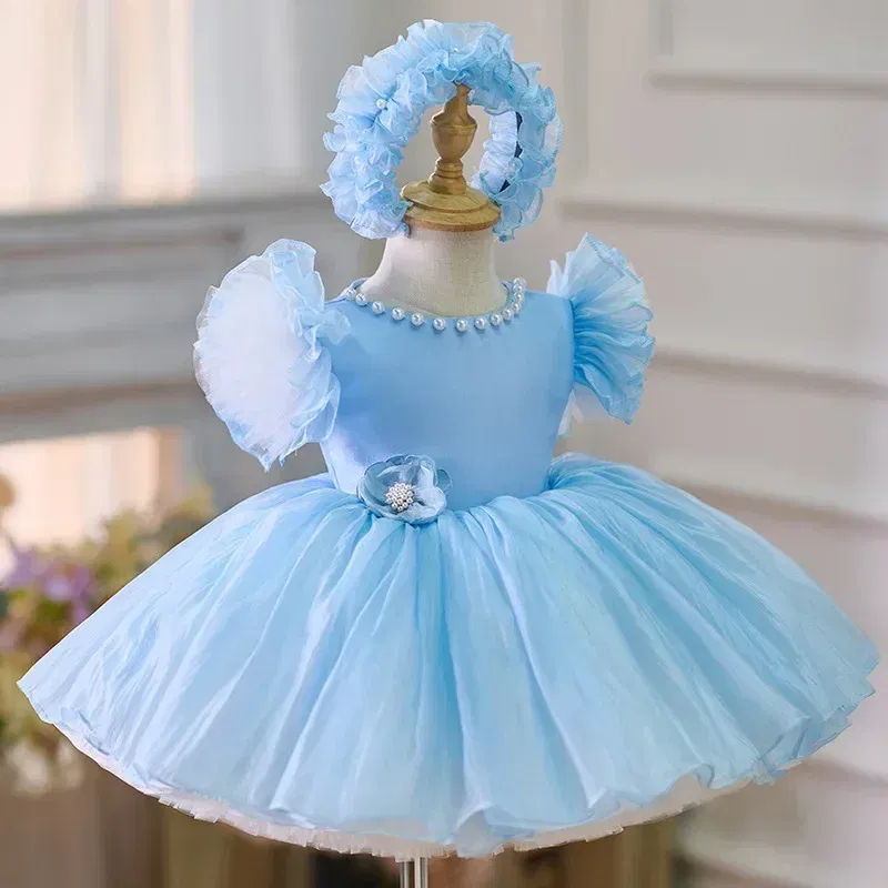 Kid Size: 4T, Color: Brown - 2025 Summer Baby Girls 1st Birthday Party Dress Toddler Kids Bow Fluffy Tutu Gown Flower Girls Blue Dresses For Wedding Ceremony