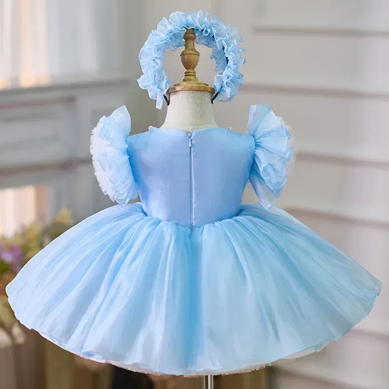 Kid Size: 4T, Color: Brown - 2025 Summer Baby Girls 1st Birthday Party Dress Toddler Kids Bow Fluffy Tutu Gown Flower Girls Blue Dresses For Wedding Ceremony