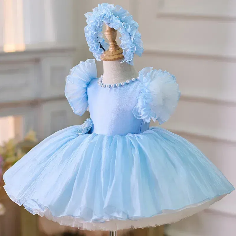 Kid Size: 4T, Color: Brown - 2025 Summer Baby Girls 1st Birthday Party Dress Toddler Kids Bow Fluffy Tutu Gown Flower Girls Blue Dresses For Wedding Ceremony