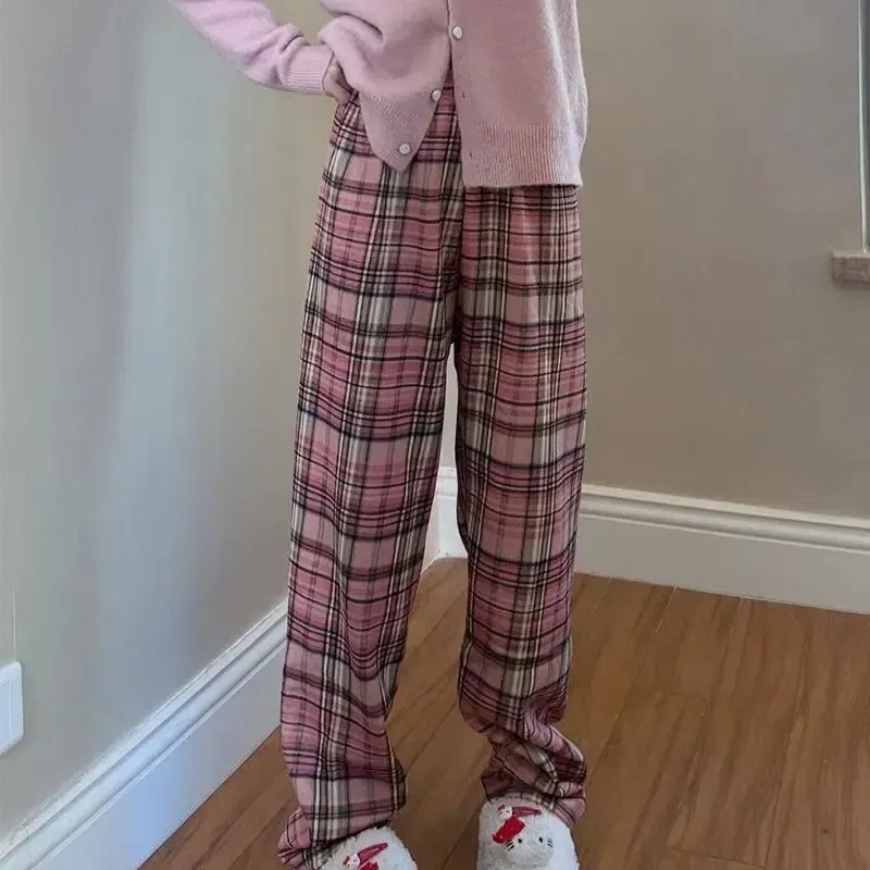 Color: Yellow, Size: L - Padded Thickened Wide Leg Pants Winter LambswoolPlaid Pants Female High Waist Casual Straight Pants