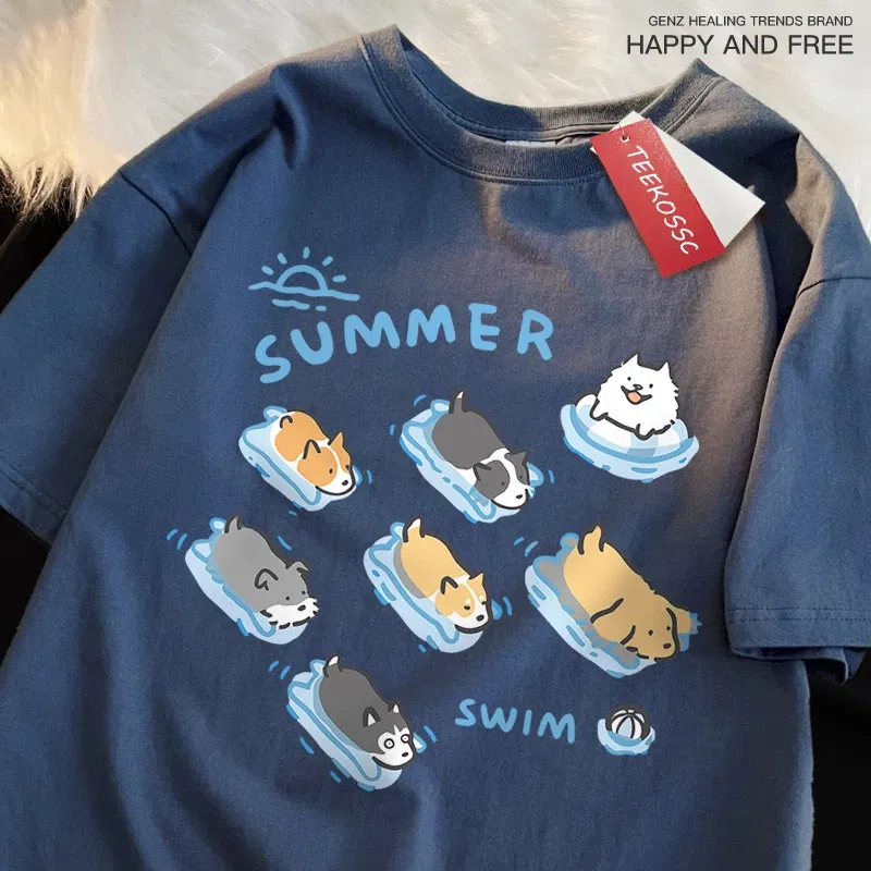 Color: Dark Grey, Size: XXXL - Fun Cat And Dog Swimming Japanese Style T-Shirt Female Casual Loose T-Shirts Summer Cotton Tops Fashion Breathable Tee Clothing