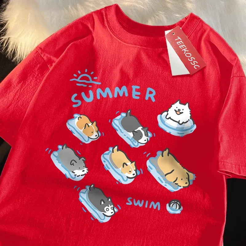 Color: Dark Grey, Size: XXXL - Fun Cat And Dog Swimming Japanese Style T-Shirt Female Casual Loose T-Shirts Summer Cotton Tops Fashion Breathable Tee Clothing