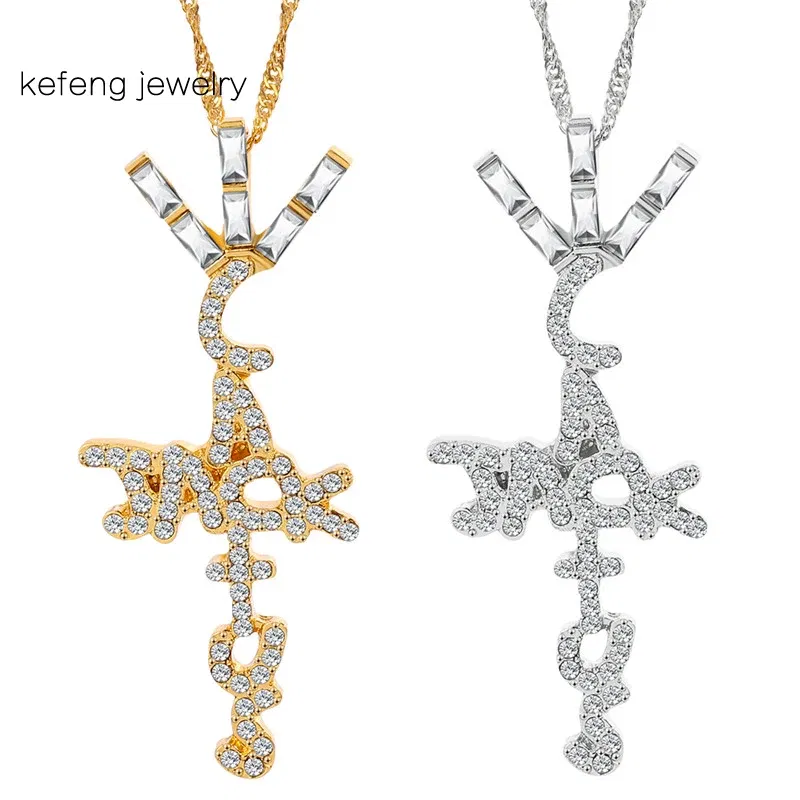 Metal color: Gold-color - Goth Cactus Jack Pendant Necklace Iced Cubic Zircon Plated Gold Silver Color Hip Hop Jewelry For Men Women kpop