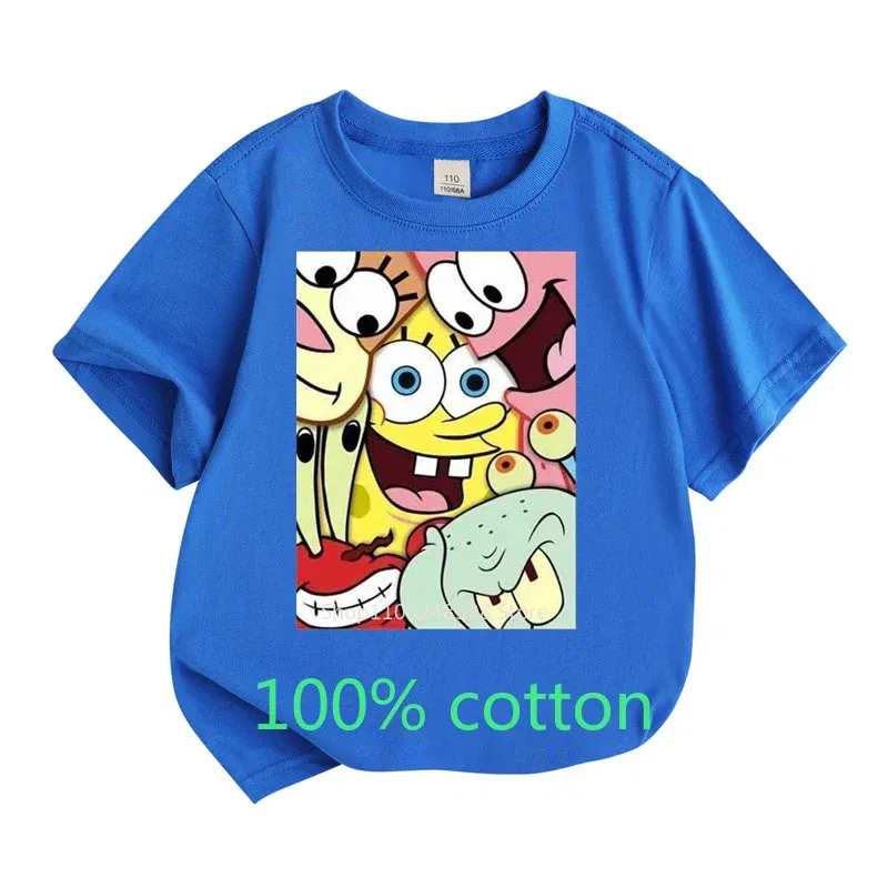 Color: SKY BLUE, Kid Size: 7T - Mr. Krabs Squidward Sandy Spongebob T-shirt 100%Cotton Children Round Neck Short-sleeved Boys Girls Fashion Kids Clothes