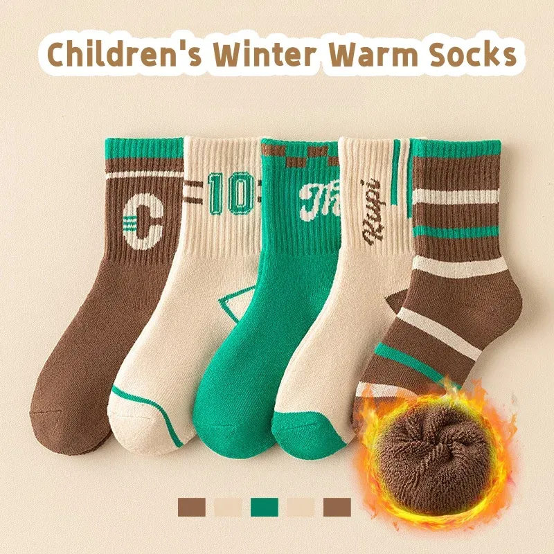Color: Blue, Size: 4-6T - 5 Pairs/lot Children's Winter Socks Warm Baby Child Thicken Cotton Socks Boys Terry Socks Letter Pattern Thermal Socks