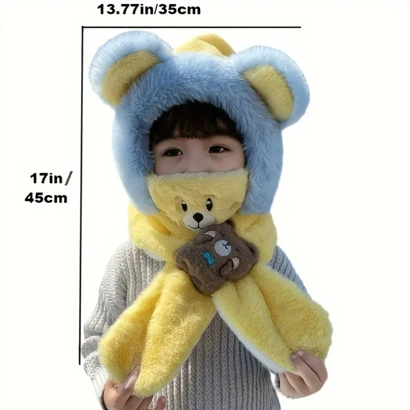 Color: WHITE - Winter Children One Piece Scarf Hat+Mask Cute Cartoon Baby Ear Protection Cap 1-6year Kids Plush Cross Neckerchief Warm Beanies