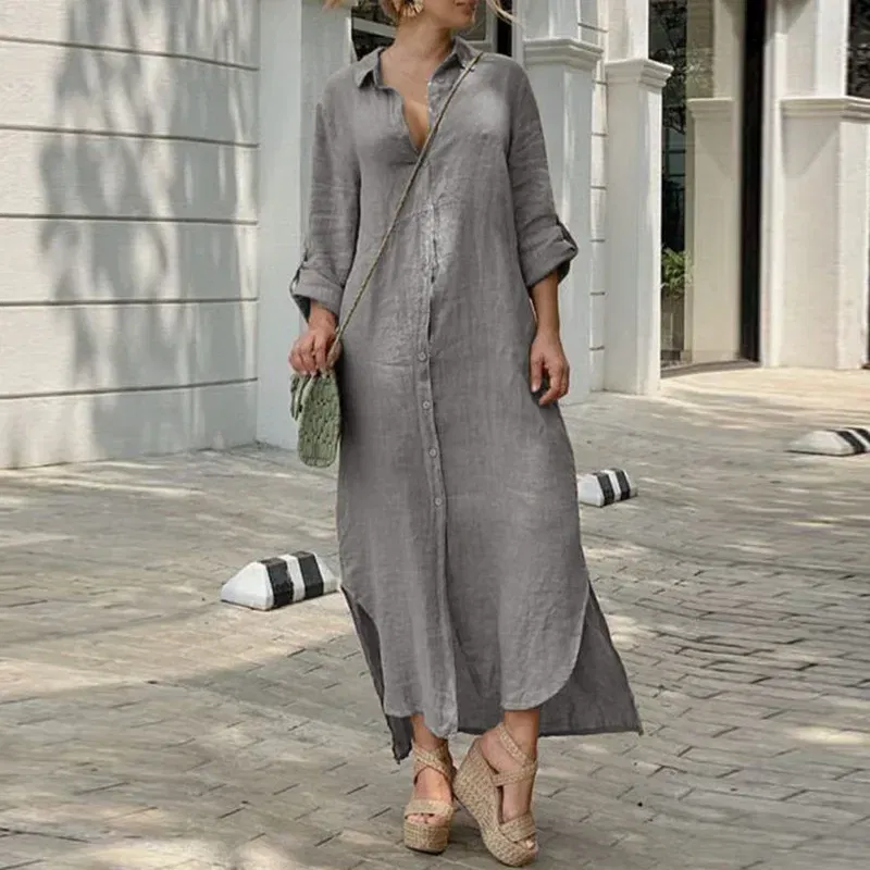 Color: WHITE, Size: S - Long Shirt Dress Women Autumn Cotton Linen Leisure Turn Down Collar Maxi Dresses Female Elegant Loose Beach Spring Vestidos