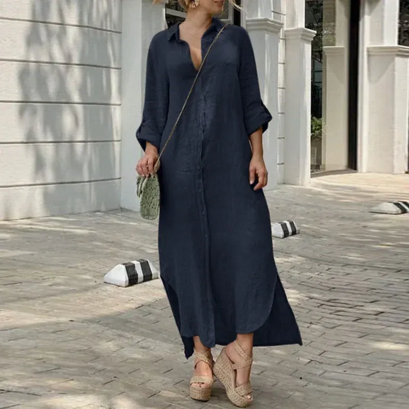 Color: WHITE, Size: S - Long Shirt Dress Women Autumn Cotton Linen Leisure Turn Down Collar Maxi Dresses Female Elegant Loose Beach Spring Vestidos