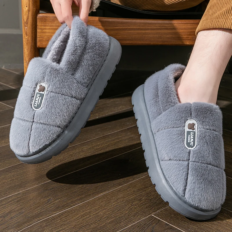 Color: Red, Shoe Size: 44-45 - Men's slippers Winter Solid Color Wrap Heels Plush Slippers Non-slip Warm Women Men Home Casual Cotton Shoes Big Size 50 51