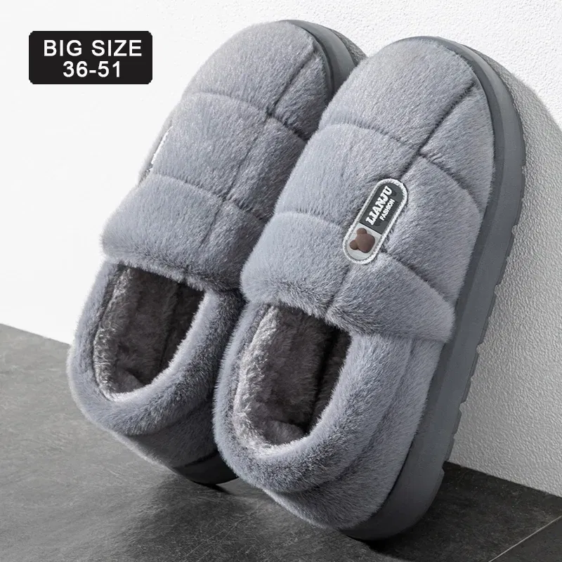 Color: Red, Shoe Size: 44-45 - Men's slippers Winter Solid Color Wrap Heels Plush Slippers Non-slip Warm Women Men Home Casual Cotton Shoes Big Size 50 51