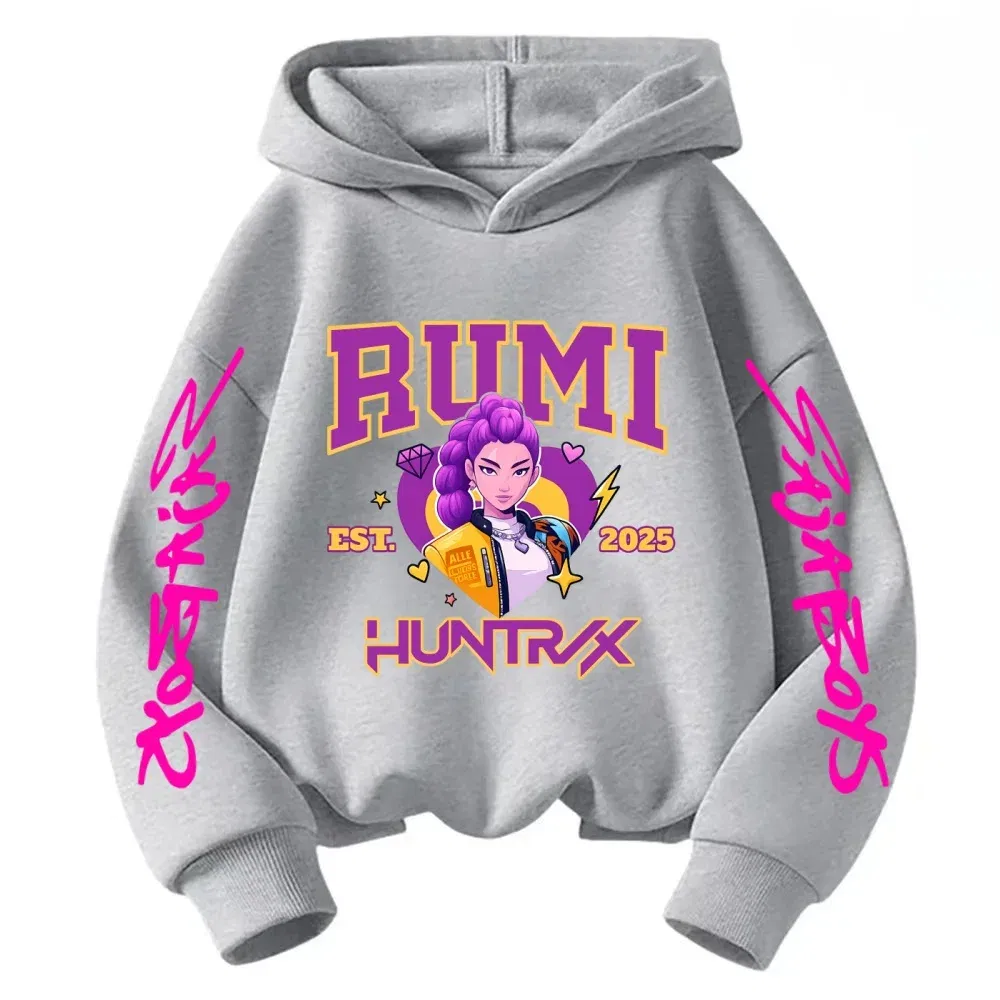 Color: Blue, Kid Size: 5 - 2025 KPop Devil Hunter Cartoon Girl Boy Hooded Sweatshirt Kawaii Children's Korean Wave Casual Fashion Top