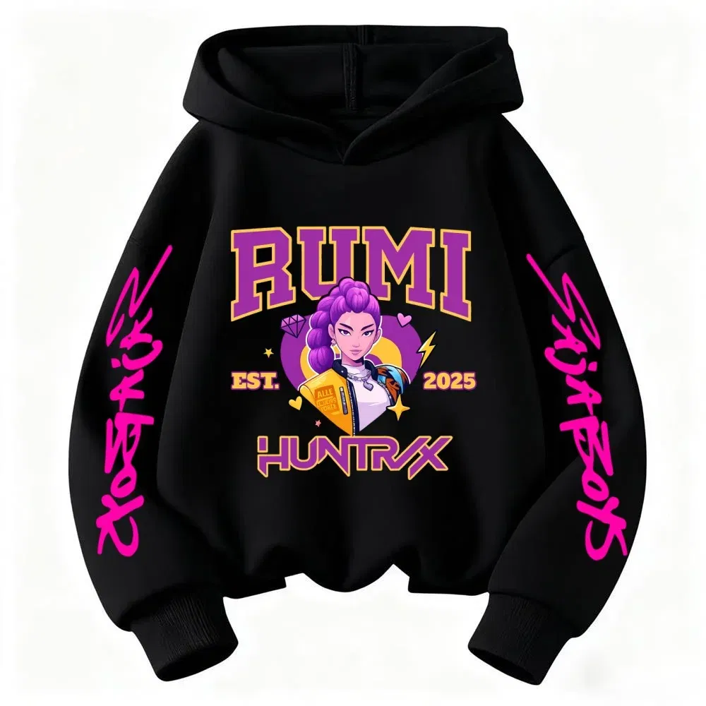 Color: Blue, Kid Size: 5 - 2025 KPop Devil Hunter Cartoon Girl Boy Hooded Sweatshirt Kawaii Children's Korean Wave Casual Fashion Top