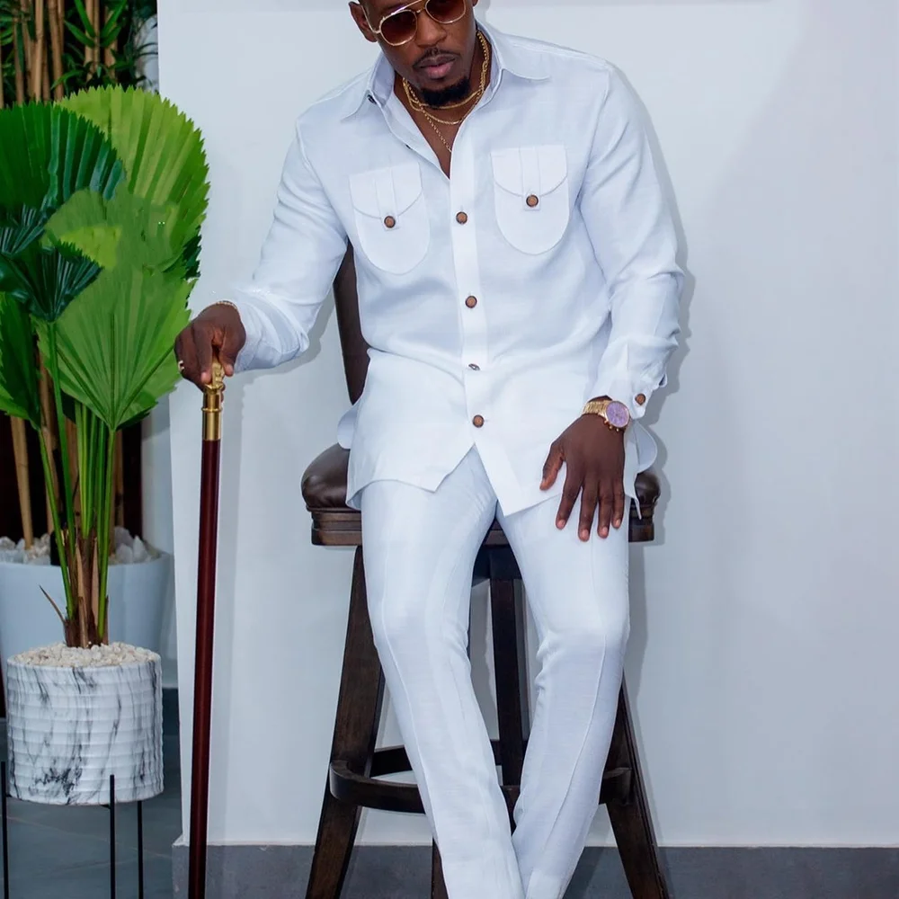 Color: Pink, Size: S - 2025 New men's suit, white pocket, 2-piece set, luxury wedding casual suit, traditional African style of ethnic minorities