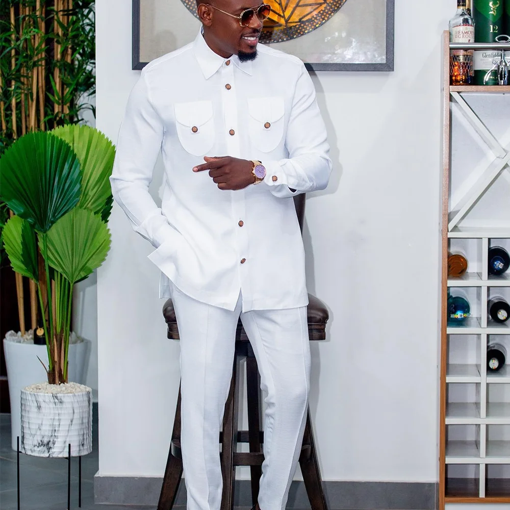 Color: Pink, Size: S - 2025 New men's suit, white pocket, 2-piece set, luxury wedding casual suit, traditional African style of ethnic minorities